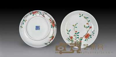 清道光 粉彩过枝石榴花盘（一对） 直径18.8cm